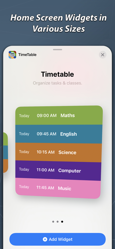 Timetable & Homework Planner - Pré-visualização do widget da página inicial da aplicação Agenda mostrando aulas diárias codificadas por cores