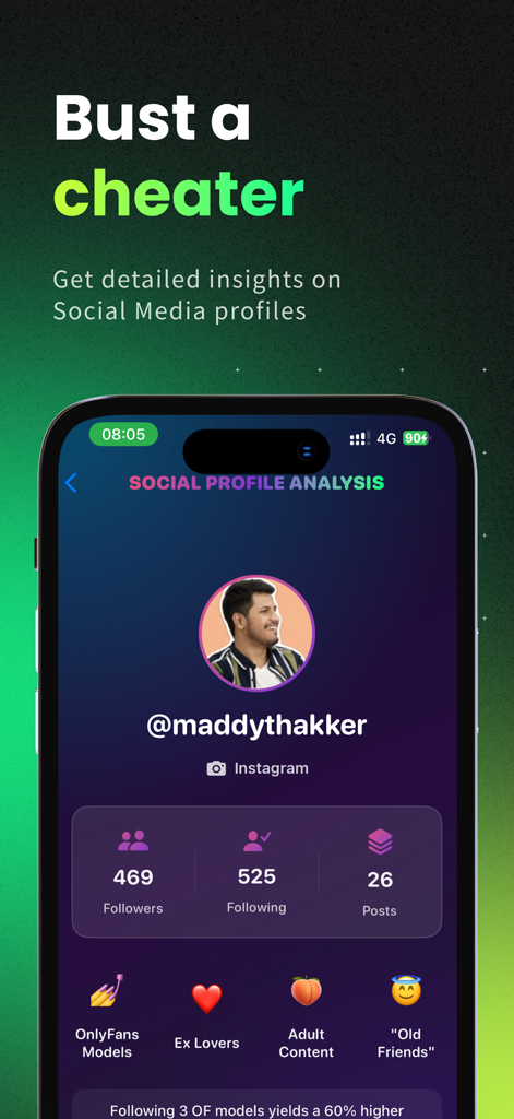 Buster AI app interface for social media profile analysis and cheater detection