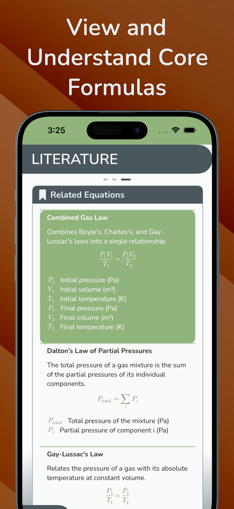 Gas Laws by CA - Pantalla de literatura educativa que muestra fórmulas y definiciones de leyes de los gases.