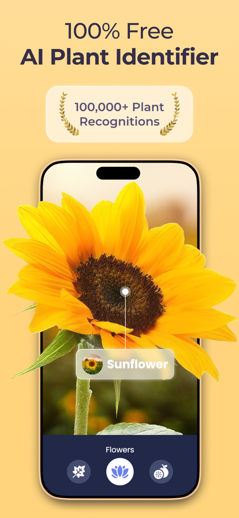 Plantora- Plant Identify, Care - Plantora app interface showing free AI plant identification of a sunflower on a smartphone screen
