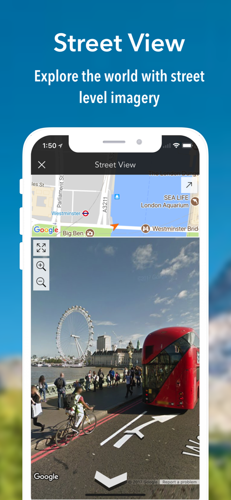 iMaps+ for Google Maps - iMaps plus app showing street level imagery of London with a red bus and the London Eye
