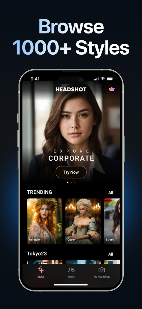 App interface for AI Headshot Photo Generator displaying corporate and trending headshot styles