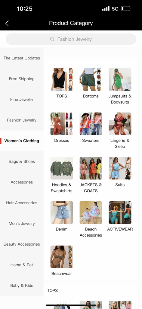 Asujewelry-wholesalejewelry - AsuJewelry wholesale app interface showing product categories for womens clothing and fashion accessories