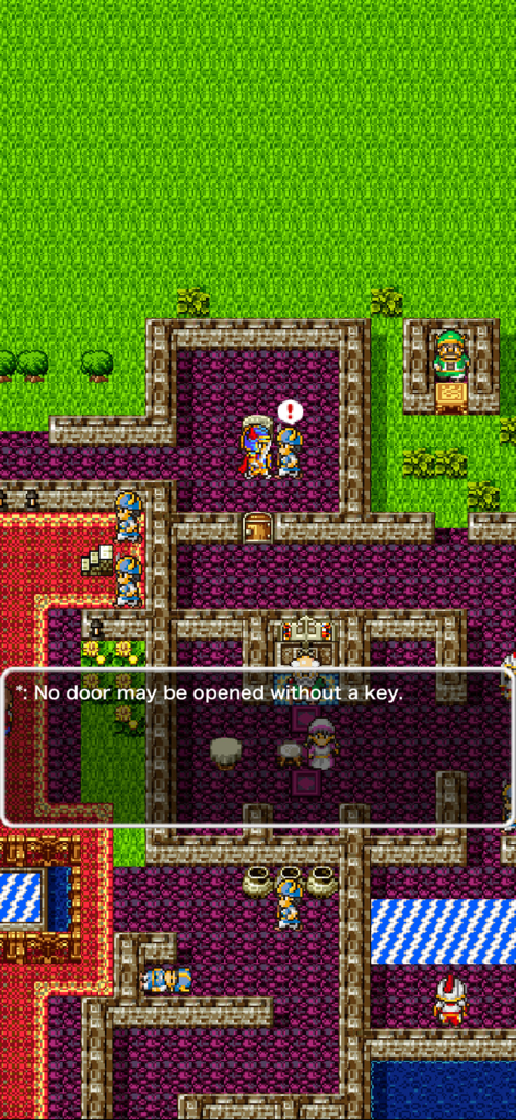 Jugabilidad de Dragon Quest en móvil con arte pixelado retro y diálogos del personaje.