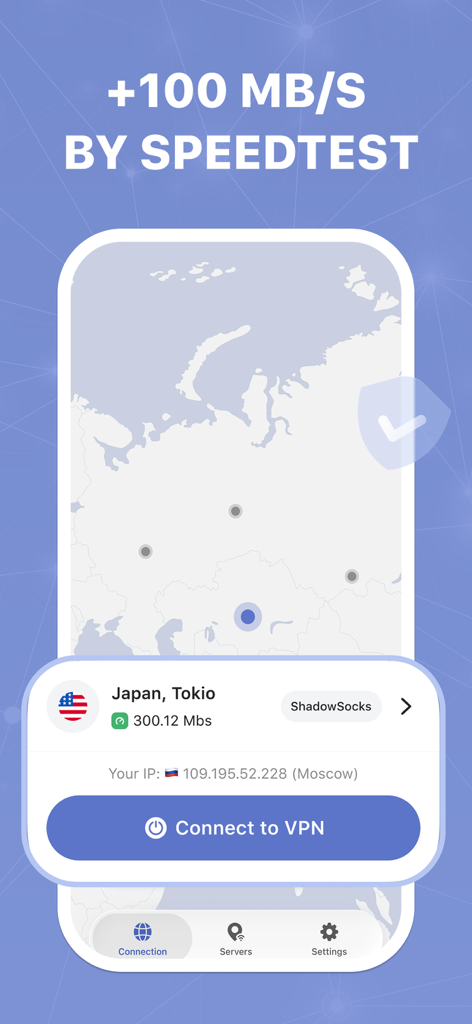 Rob VPN: Proxy master - Rob VPN app interface displaying high speed connection performance and speed test results.