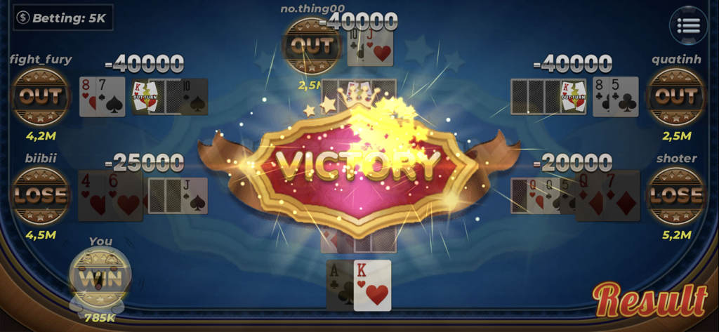 Victory celebration screen in the Catte Offline card game showing a winning hand and player scores on a virtual casino table.