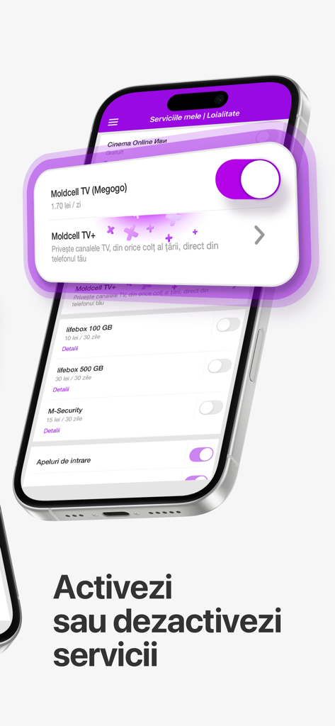my moldcell - Interface of the my moldcell app showing a list of services like TV and cloud storage with toggle switches to activate or deactivate them