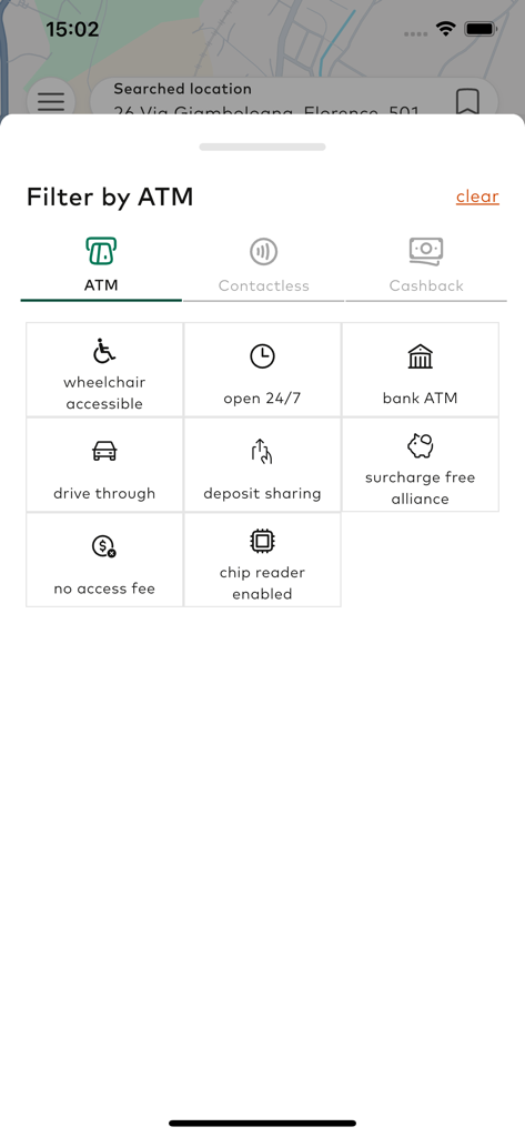 ATM filter screen in the Mastercard Nearby app showing options like surcharge free and wheelchair accessible