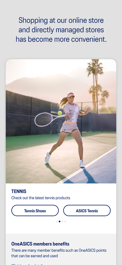 ASICS - Interface do aplicativo ASICS exibindo categorias de produtos de tênis e informações sobre o programa de fidelidade OneASICS.