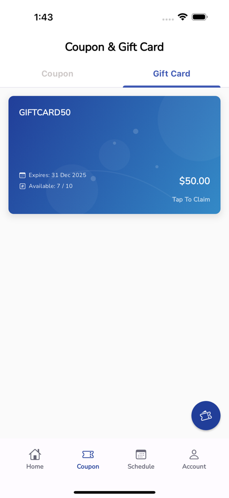 RTDC App - Real Teeth Dental Clinic app showing a fifty dollar gift card with expiration date and claim button.