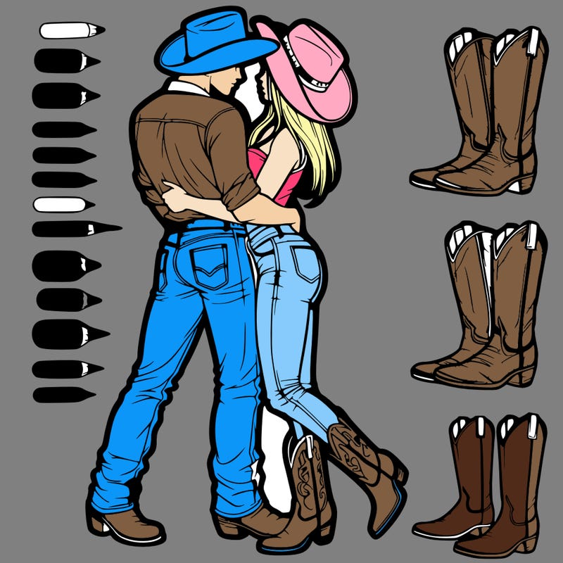 cowboy and his girlfriend in cowboy boots, boot cut jeans, cowboy hat hugging realistic