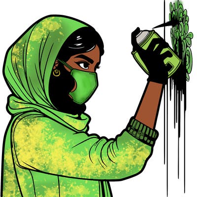 realistic girl with mask spray painting a wall