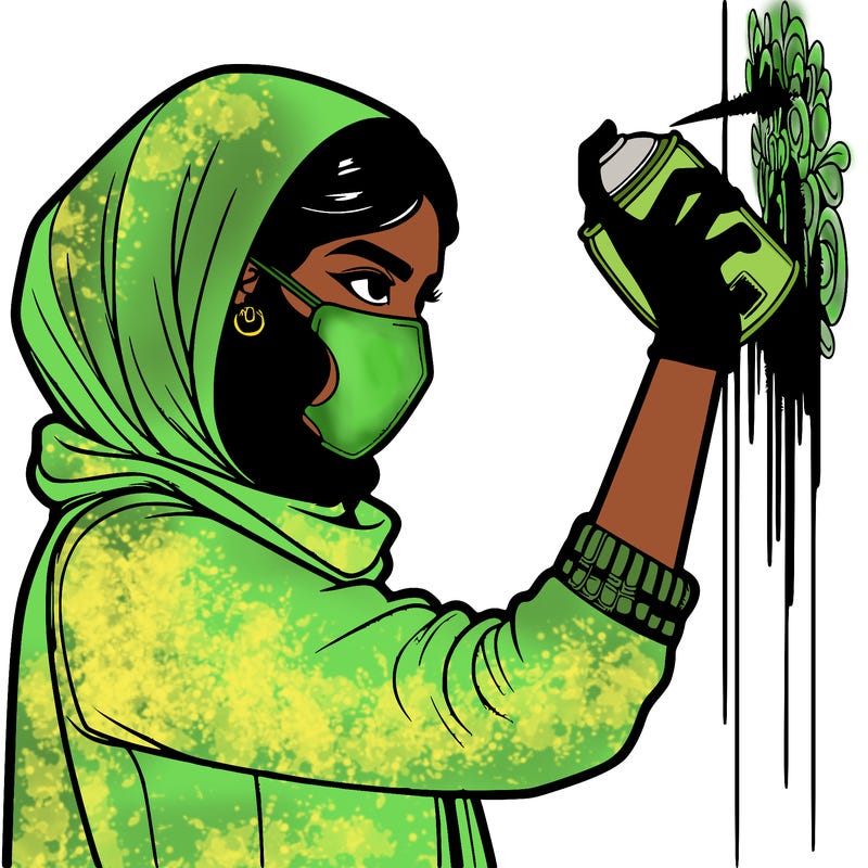 realistic girl with mask spray painting a wall