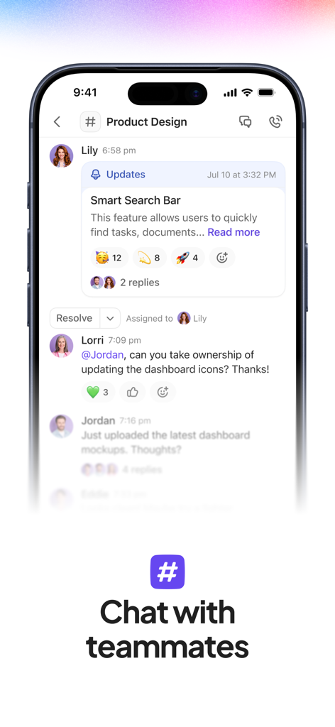 ClickUp: Tasks, Chat, Docs, AI - ClickUp mobile app screenshot showing real-time team collaboration in a project chat