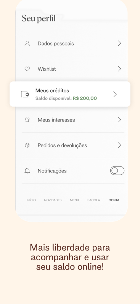 Animale - Moda Feminina - Interface do perfil do usuário do aplicativo de moda Animale mostrando créditos da loja e opções de conta.