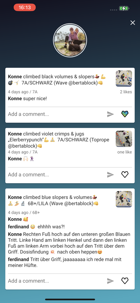 BETA7 - BETA7 mobile app social feed displaying bouldering activity and user comments