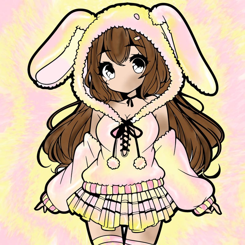 pretty anime girl wearing a fluffy hoodie with bunny ears on the hood and a skirt