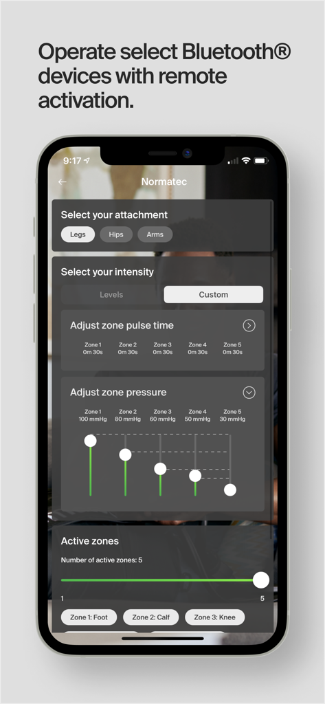 Hyperice - Hyperice app screen showing custom intensity and zone pressure controls for Normatec compression therapy
