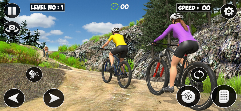 BMX Racing: Bicycle Rider Game - Gameplay screenshot of BMX Racing showing three cyclists on an off-road dirt path with mobile game controls