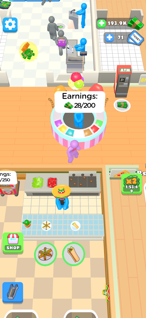 Shopping Mall 3D - A top down view of a 3D shopping mall game showing characters managing a food court with ice cream and taco stands