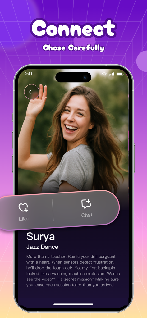 Cace: Live Joy Chat, Dance - Profile screen of an AI jazz dance coach named Surya in the Cace app