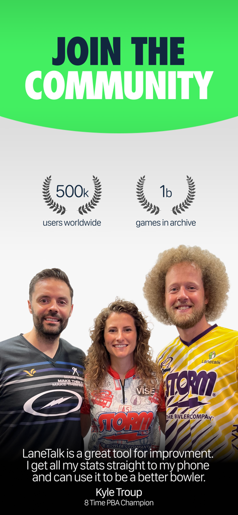 Lanetalk Bowling - Tela da comunidade de boliche Lanetalk com jogadores profissionais e estatísticas de 500 mil usuários e 1 bilhão de jogos.
