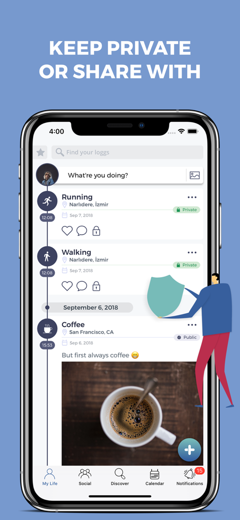 Logg: Personal Journal & Diary - Smartphone screen showing Logg app with private and public activity logs on a timeline.