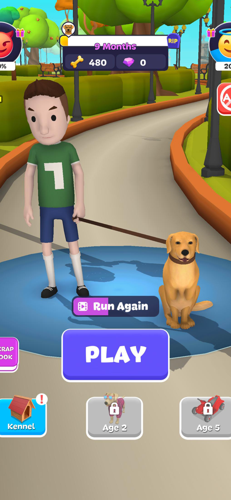 Dog Life Simulator ! - Écran de jeu de Simulateur de Vie de Chien avec un golden retriever et son propriétaire dans un parc