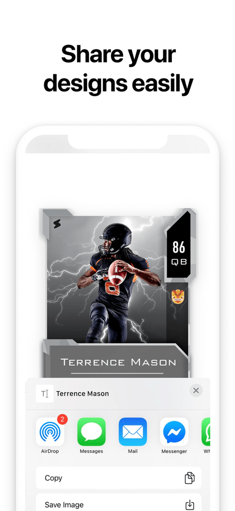 Ultimate Card Creator - Mobile app interface showing the share menu for a custom football trading card