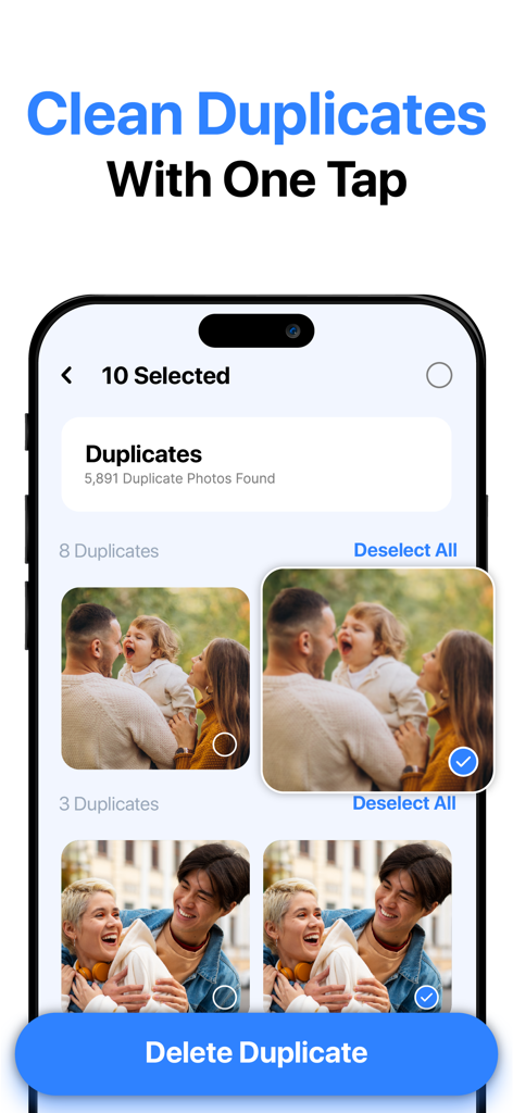 Interface of Phone Cleaner app showing identified duplicate photos ready to be deleted with one tap