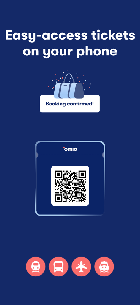 Écran de l'application Omio affichant un billet mobile avec un code QR pour les voyages en train, bus, avion et ferry.