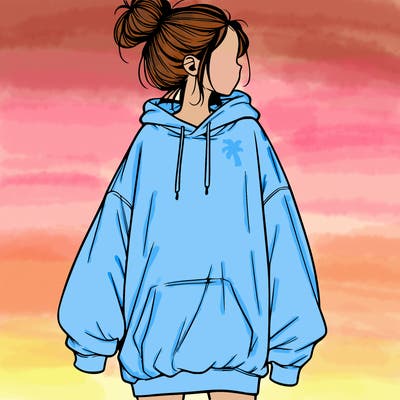 realistic girl with a oversized sweatshirt on and a bun