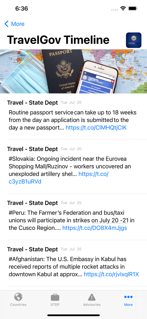 Smart Traveler - TravelGov Timeline screen in the Smart Traveler app displaying official travel alerts and passport updates