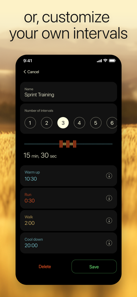 Walking Distance Tracker - Interfaz de la aplicación Vima para personalizar intervalos de entrenamiento de sprint que incluyen segmentos de calentamiento y enfriamiento