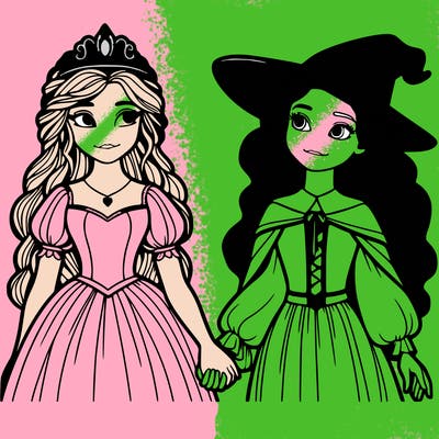 a princess and a witch holding hands realistic