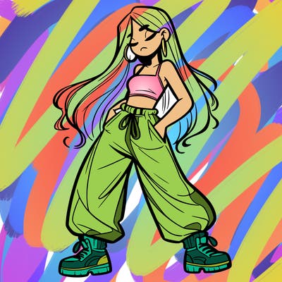 girl in baggy pants crop top and long hair