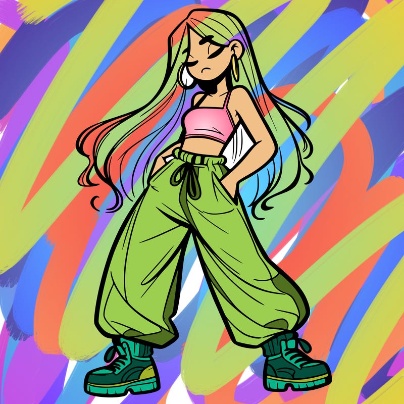 girl in baggy pants crop top and long hair