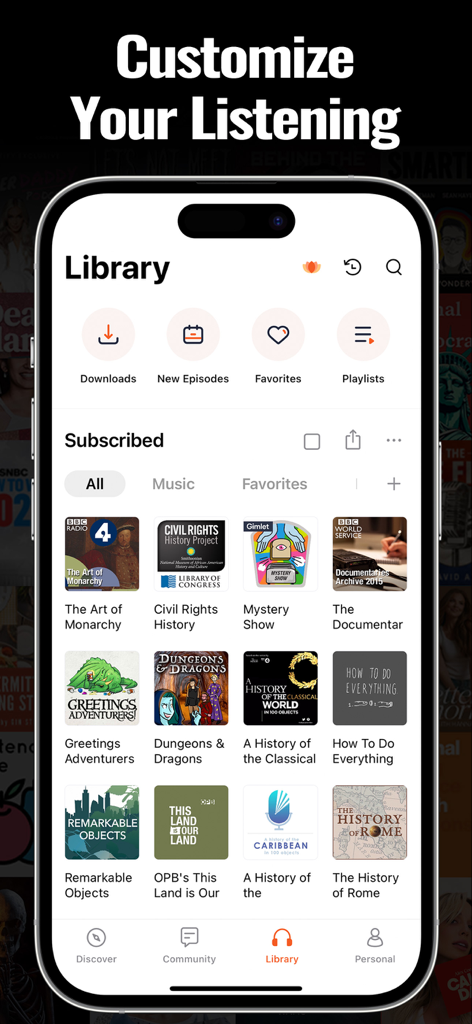 Screenshot of the Castbox podcast app library showing subscribed shows and custom playlist options