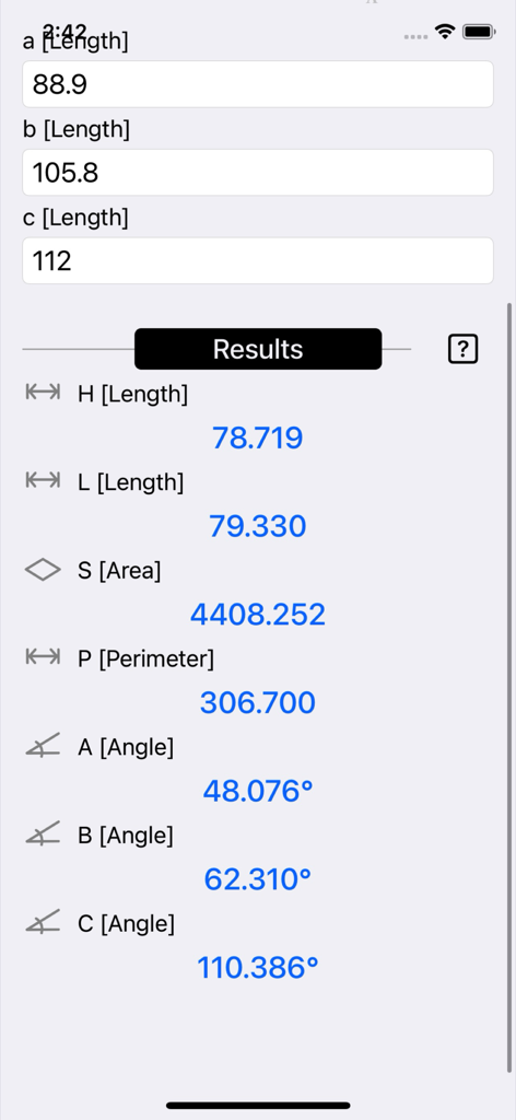 Triangle Calculator Plus - Triangle Calculator Plus app interface showing calculation results for side lengths and angles
