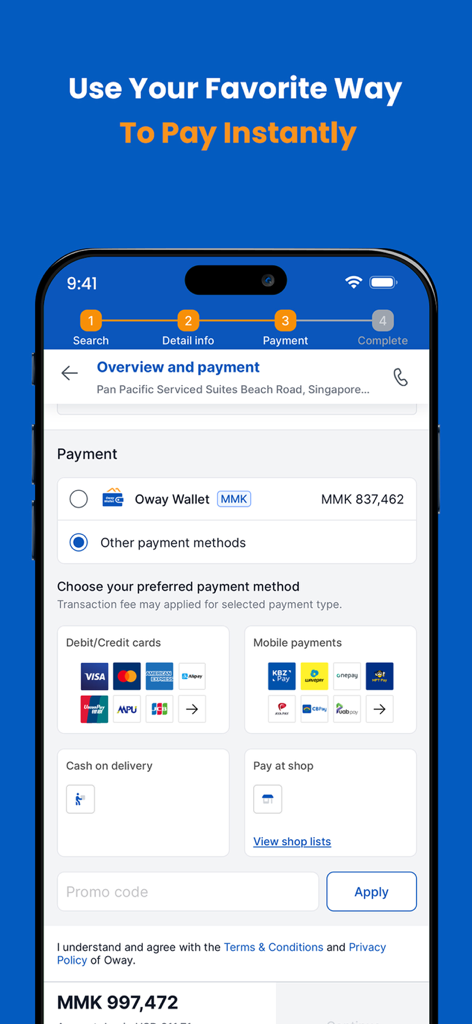 Oway Travel app payment screen displaying various payment options including international credit cards and mobile payments
