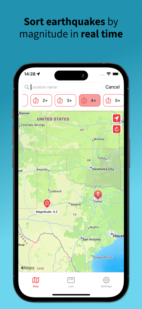 Earthquake Hub - Interface de l'application Earthquake Hub montrant des filtres de magnitude en temps réel et une activité sismique sur une carte des États-Unis