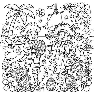 Embark on a unique Easter adventure where jovial buccaneers meet playful bunnies and decorated eggs! This delightful coloring page combines the thrill of pirate life with the festive joy of spring, perfect for young and old alike.