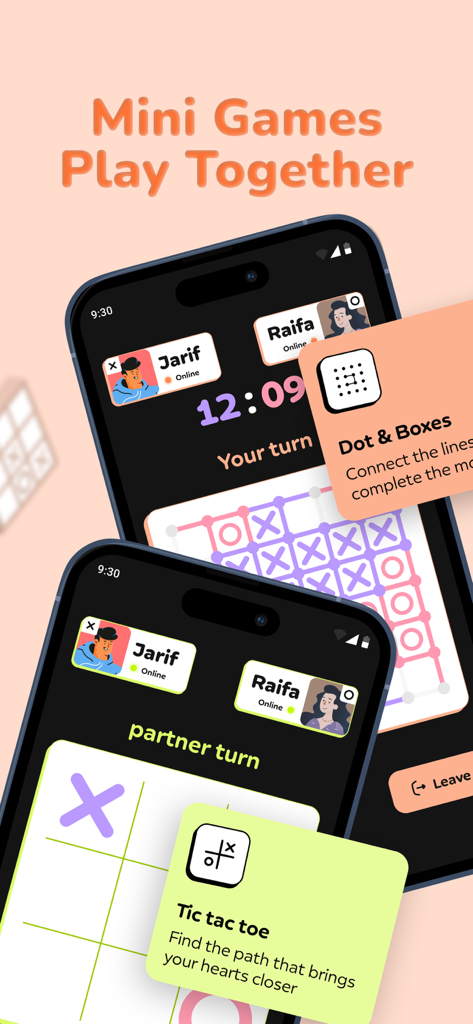 Telas de smartphone exibindo mini-jogos interativos para casais como Tic-Tac-Toe e Damas.