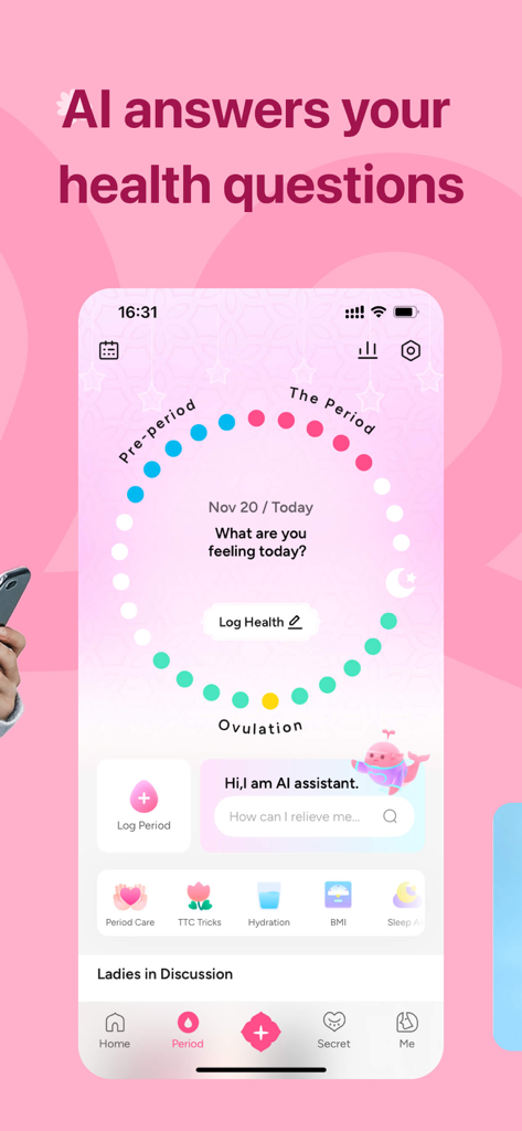 Wocute app interface featuring a menstrual cycle tracker wheel and an AI health assistant search bar
