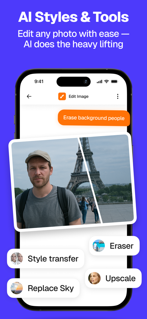 Overchat: Ask AI & Chat - Overchat app interface showcasing AI photo editing tools including background eraser and style transfer