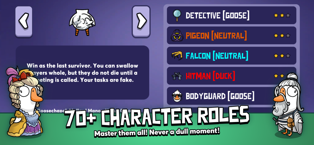 A menu showing a selection of over 70 character roles in the Goose Goose Duck game