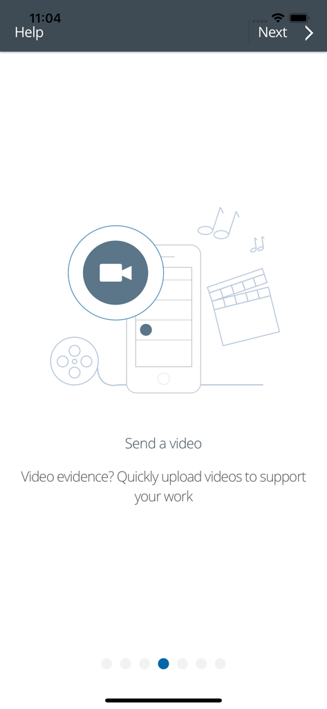 PebblePocket app onboarding screen highlighting the feature to upload video evidence to support work reflections.