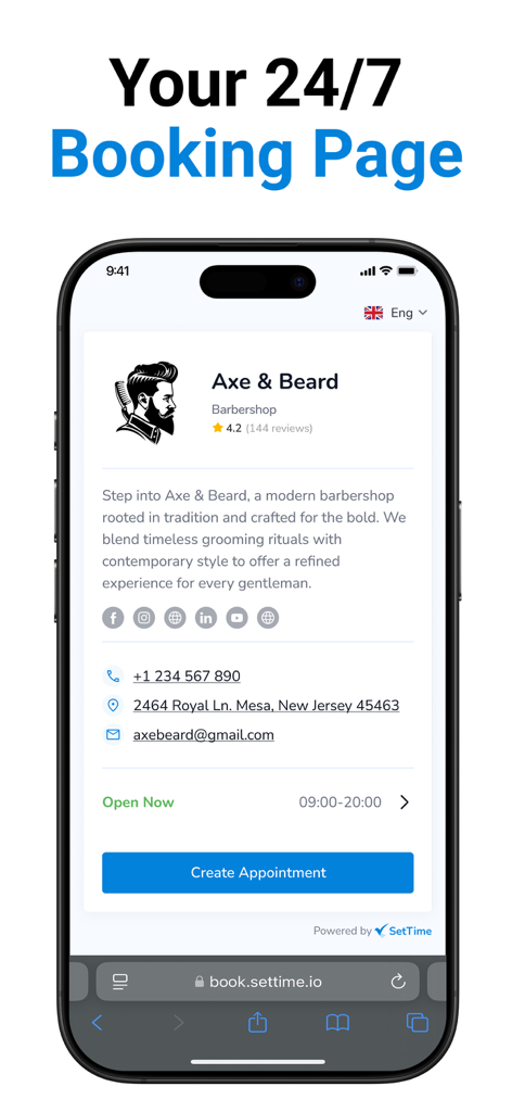SetTime Appointment Scheduler - A mobile view of a professional 24/7 online booking page for a barbershop business