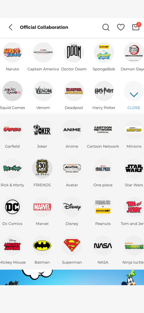 Bewakoof- Fashion Shopping App - A grid of official pop culture collaboration logos on the Bewakoof shopping app including Marvel Disney and various anime franchises