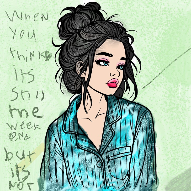 realistic woman with pajamas on and a messy bun